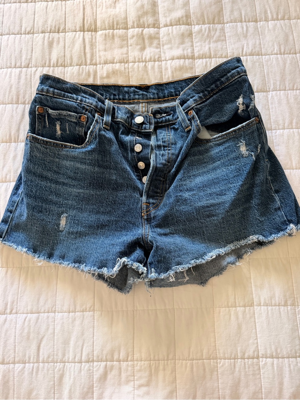 Levi's Distressed Dark Blue Button-Fly Jean Shorts